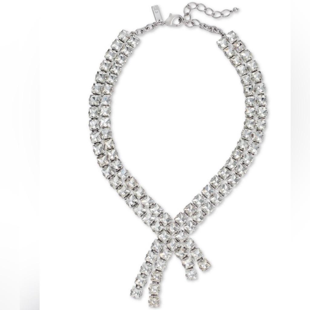 Inc Silver Tone Crystal Statement Necklace 17” Drop Fringe Nwt